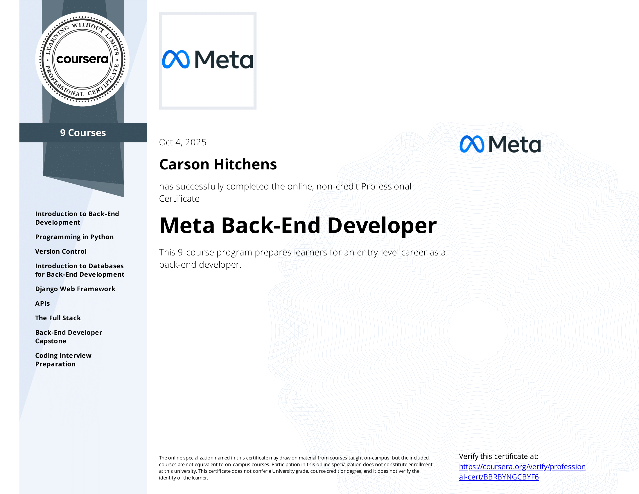 Back End Developer Certificate